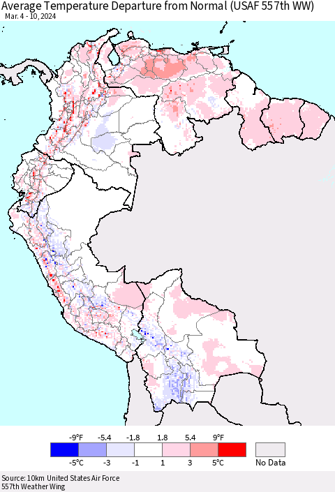 Northern South America Average Temperature Departure from Normal (USAF 557th WW) Thematic Map For 3/4/2024 - 3/10/2024