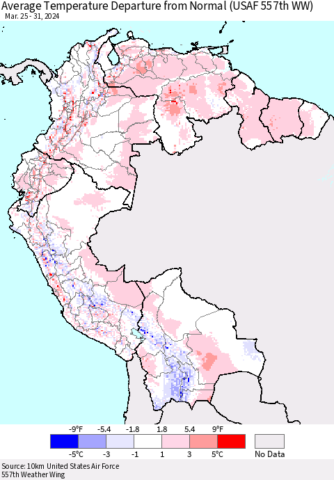Northern South America Average Temperature Departure from Normal (USAF 557th WW) Thematic Map For 3/25/2024 - 3/31/2024