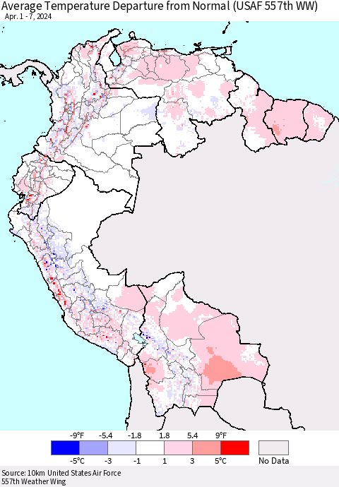 Northern South America Average Temperature Departure from Normal (USAF 557th WW) Thematic Map For 4/1/2024 - 4/7/2024