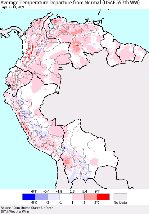 Northern South America Average Temperature Departure from Normal (USAF 557th WW) Thematic Map For 4/8/2024 - 4/14/2024