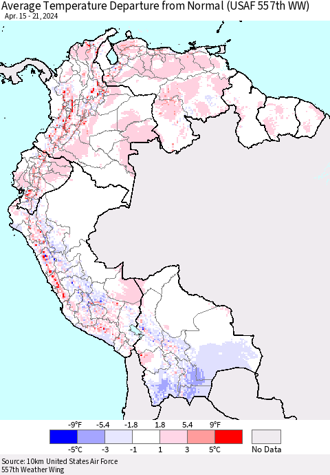 Northern South America Average Temperature Departure from Normal (USAF 557th WW) Thematic Map For 4/15/2024 - 4/21/2024