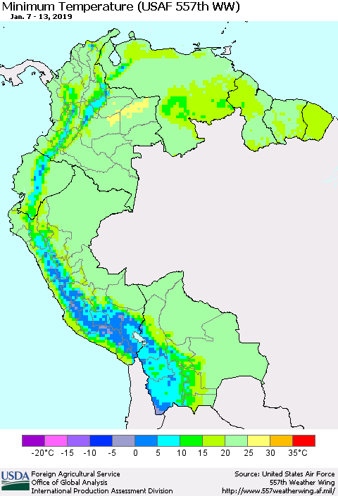 Northern South America Mean Minimum Temperature (USAF 557th WW) Thematic Map For 1/7/2019 - 1/13/2019