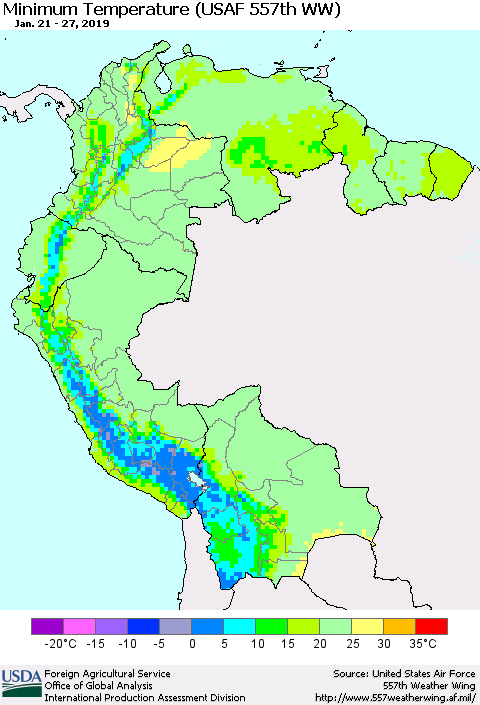 Northern South America Mean Minimum Temperature (USAF 557th WW) Thematic Map For 1/21/2019 - 1/27/2019