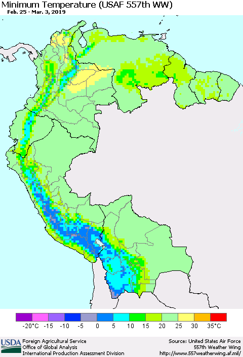 Northern South America Mean Minimum Temperature (USAF 557th WW) Thematic Map For 2/25/2019 - 3/3/2019