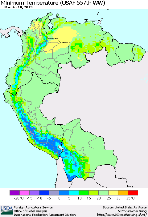 Northern South America Mean Minimum Temperature (USAF 557th WW) Thematic Map For 3/4/2019 - 3/10/2019