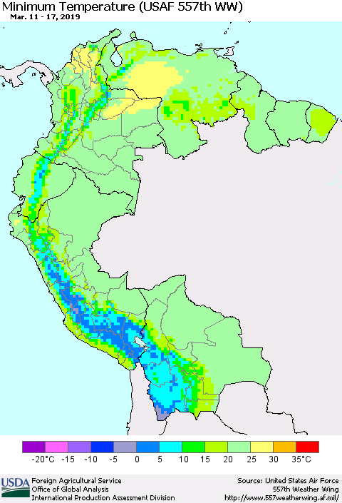 Northern South America Mean Minimum Temperature (USAF 557th WW) Thematic Map For 3/11/2019 - 3/17/2019