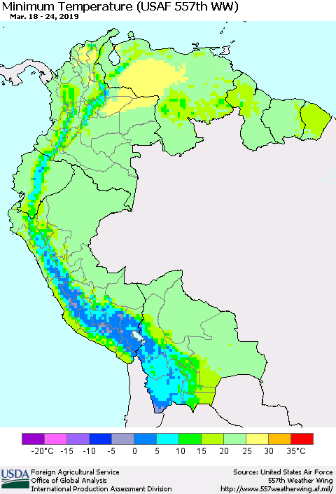 Northern South America Mean Minimum Temperature (USAF 557th WW) Thematic Map For 3/18/2019 - 3/24/2019
