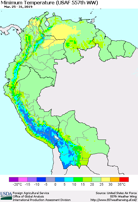 Northern South America Mean Minimum Temperature (USAF 557th WW) Thematic Map For 3/25/2019 - 3/31/2019