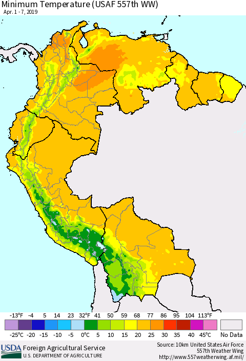 Northern South America Mean Minimum Temperature (USAF 557th WW) Thematic Map For 4/1/2019 - 4/7/2019