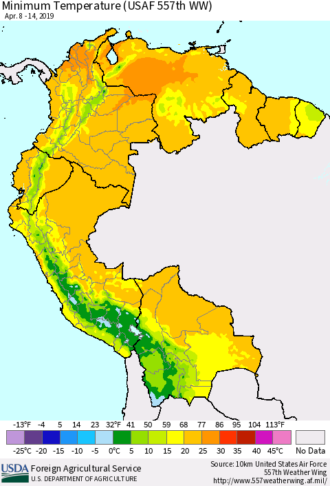 Northern South America Mean Minimum Temperature (USAF 557th WW) Thematic Map For 4/8/2019 - 4/14/2019