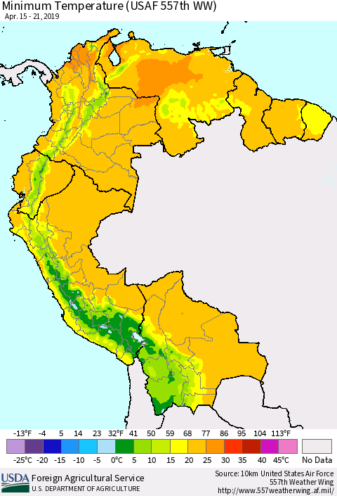Northern South America Mean Minimum Temperature (USAF 557th WW) Thematic Map For 4/15/2019 - 4/21/2019