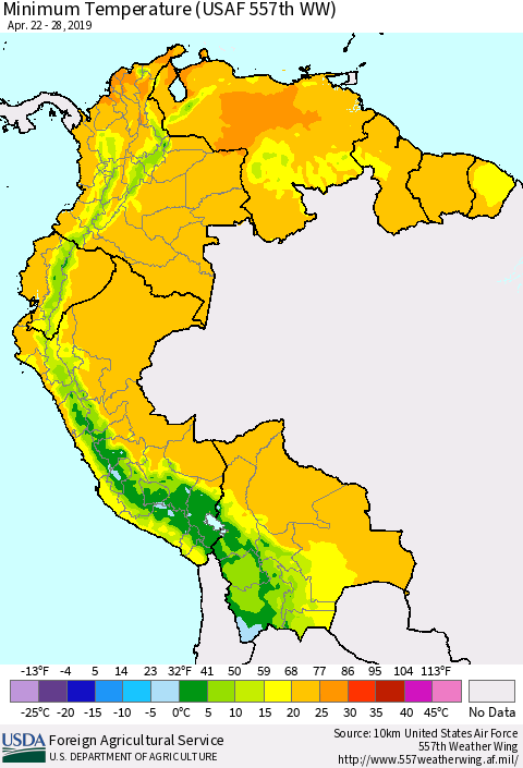 Northern South America Mean Minimum Temperature (USAF 557th WW) Thematic Map For 4/22/2019 - 4/28/2019