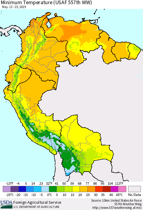 Northern South America Mean Minimum Temperature (USAF 557th WW) Thematic Map For 5/13/2019 - 5/19/2019