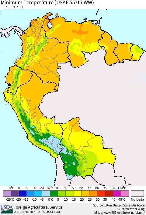 Northern South America Mean Minimum Temperature (USAF 557th WW) Thematic Map For 6/3/2019 - 6/9/2019