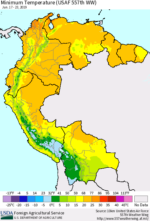 Northern South America Mean Minimum Temperature (USAF 557th WW) Thematic Map For 6/17/2019 - 6/23/2019