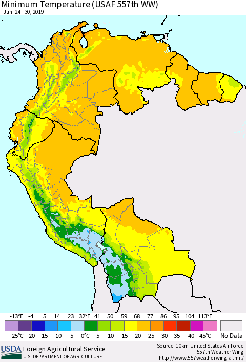 Northern South America Mean Minimum Temperature (USAF 557th WW) Thematic Map For 6/24/2019 - 6/30/2019