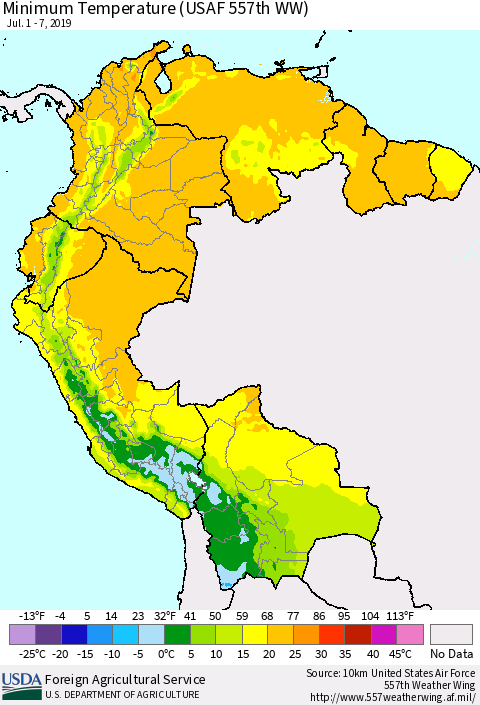 Northern South America Mean Minimum Temperature (USAF 557th WW) Thematic Map For 7/1/2019 - 7/7/2019