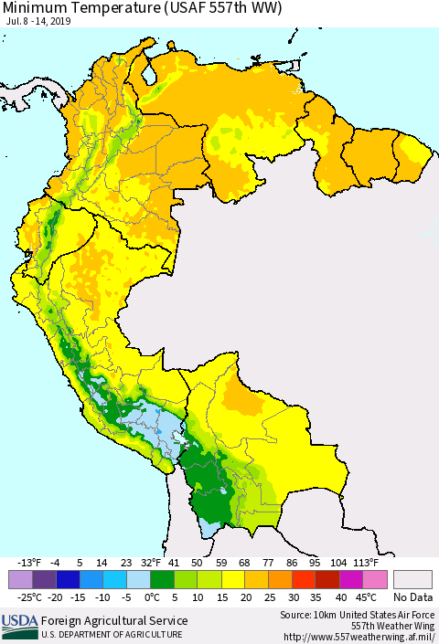 Northern South America Mean Minimum Temperature (USAF 557th WW) Thematic Map For 7/8/2019 - 7/14/2019
