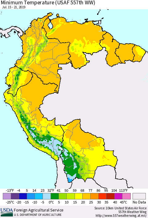 Northern South America Mean Minimum Temperature (USAF 557th WW) Thematic Map For 7/15/2019 - 7/21/2019
