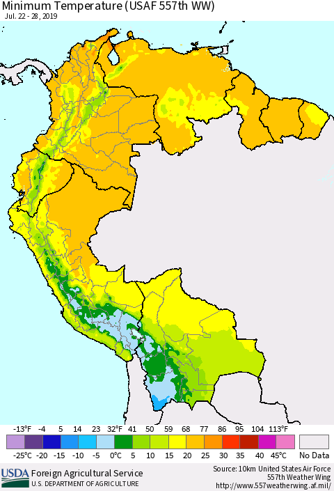 Northern South America Mean Minimum Temperature (USAF 557th WW) Thematic Map For 7/22/2019 - 7/28/2019