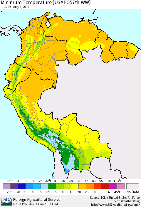 Northern South America Mean Minimum Temperature (USAF 557th WW) Thematic Map For 7/29/2019 - 8/4/2019