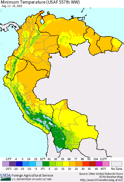 Northern South America Mean Minimum Temperature (USAF 557th WW) Thematic Map For 8/12/2019 - 8/18/2019