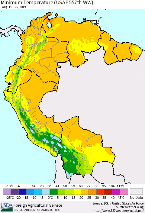 Northern South America Mean Minimum Temperature (USAF 557th WW) Thematic Map For 8/19/2019 - 8/25/2019