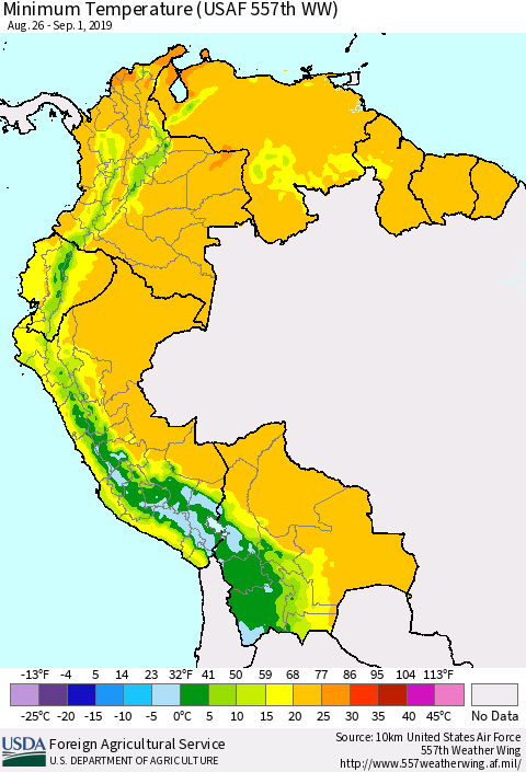 Northern South America Mean Minimum Temperature (USAF 557th WW) Thematic Map For 8/26/2019 - 9/1/2019