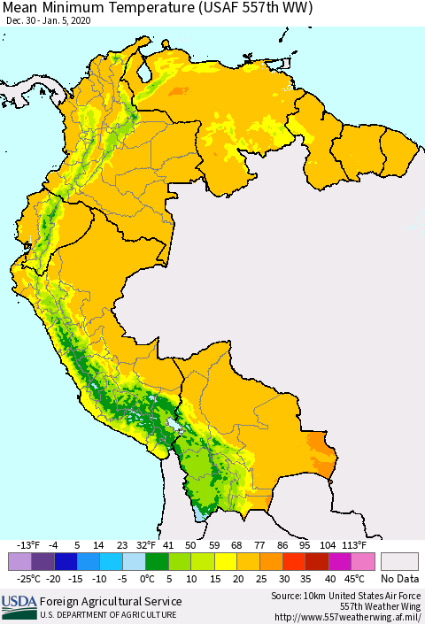 Northern South America Minimum Temperature (USAF 557th WW) Thematic Map For 12/30/2019 - 1/5/2020