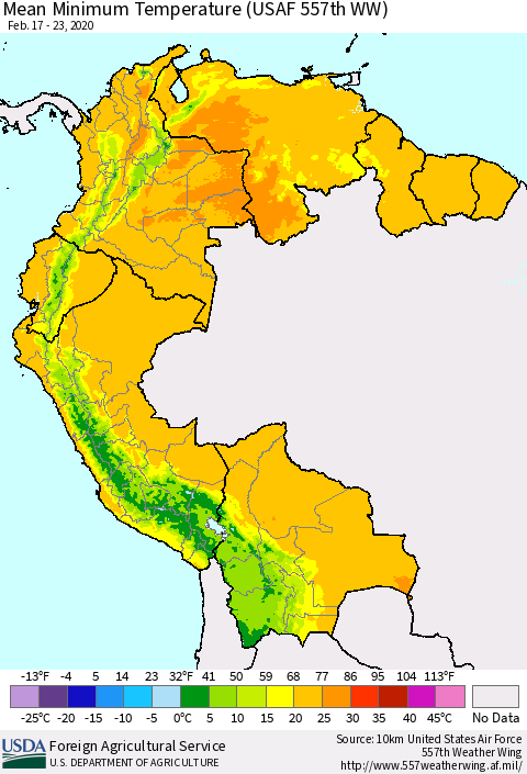 Northern South America Minimum Temperature (USAF 557th WW) Thematic Map For 2/17/2020 - 2/23/2020