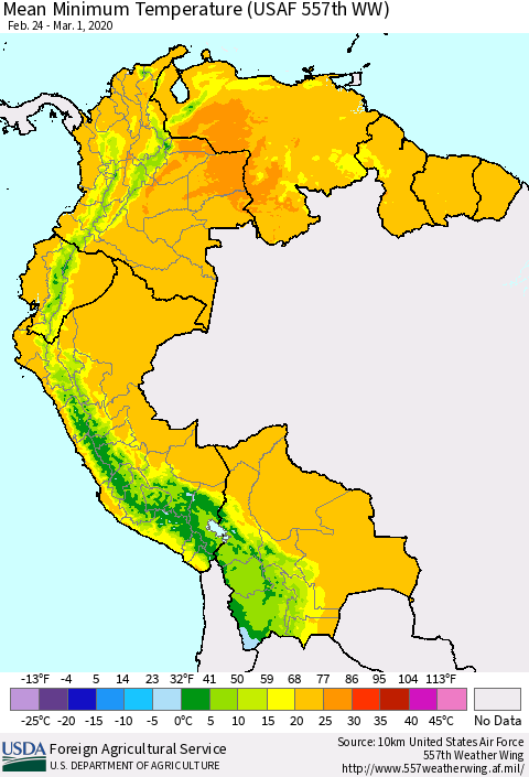 Northern South America Minimum Temperature (USAF 557th WW) Thematic Map For 2/24/2020 - 3/1/2020