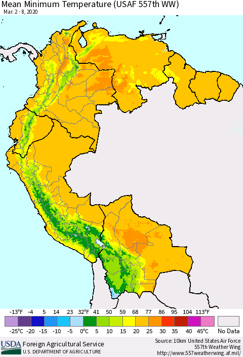 Northern South America Minimum Temperature (USAF 557th WW) Thematic Map For 3/2/2020 - 3/8/2020