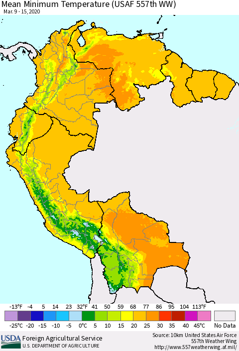 Northern South America Minimum Temperature (USAF 557th WW) Thematic Map For 3/9/2020 - 3/15/2020
