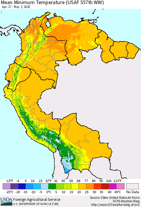Northern South America Minimum Temperature (USAF 557th WW) Thematic Map For 4/27/2020 - 5/3/2020