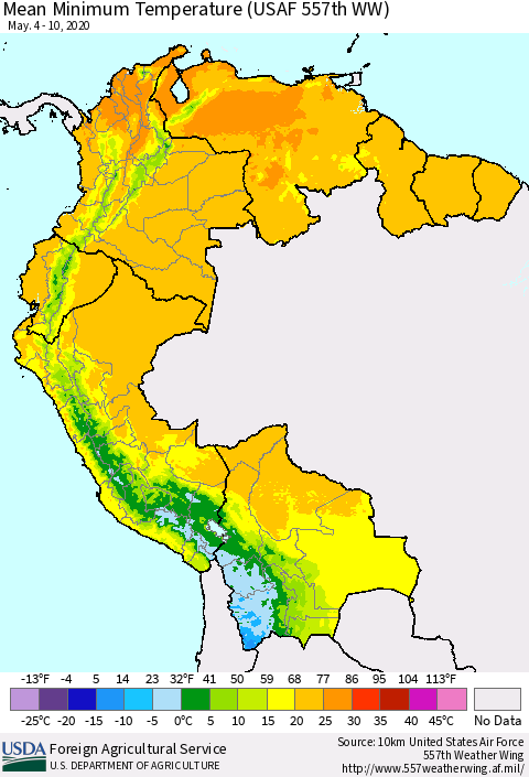 Northern South America Mean Minimum Temperature (USAF 557th WW) Thematic Map For 5/4/2020 - 5/10/2020