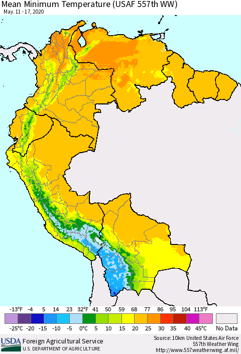 Northern South America Minimum Temperature (USAF 557th WW) Thematic Map For 5/11/2020 - 5/17/2020
