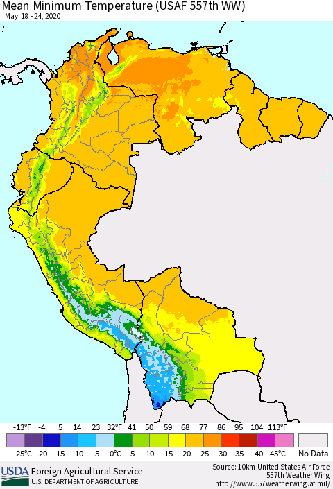 Northern South America Minimum Temperature (USAF 557th WW) Thematic Map For 5/18/2020 - 5/24/2020