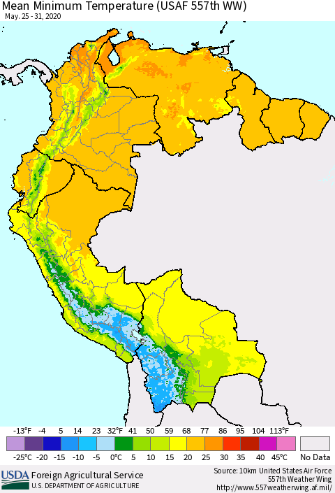 Northern South America Minimum Temperature (USAF 557th WW) Thematic Map For 5/25/2020 - 5/31/2020