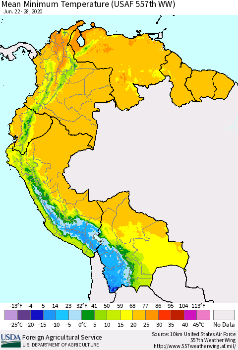 Northern South America Minimum Temperature (USAF 557th WW) Thematic Map For 6/22/2020 - 6/28/2020