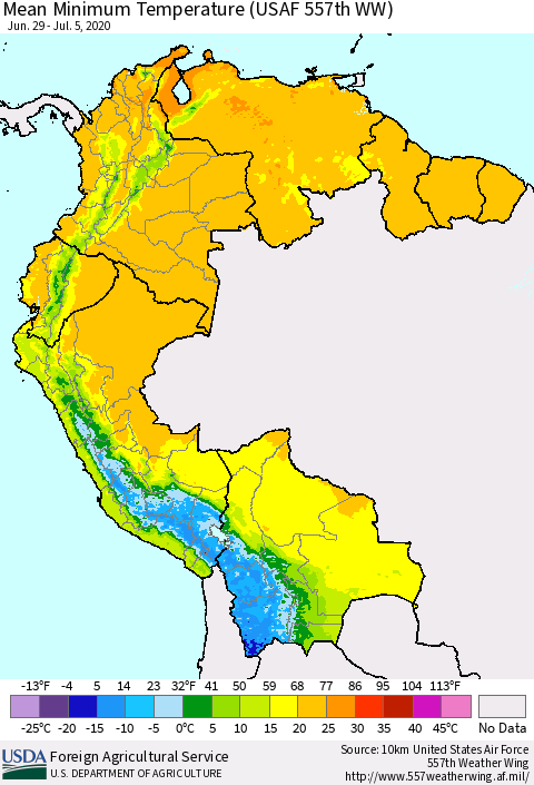 Northern South America Minimum Temperature (USAF 557th WW) Thematic Map For 6/29/2020 - 7/5/2020