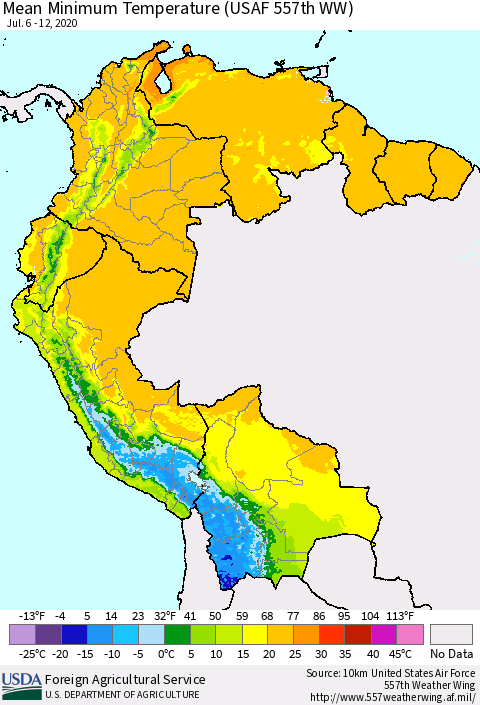 Northern South America Minimum Temperature (USAF 557th WW) Thematic Map For 7/6/2020 - 7/12/2020