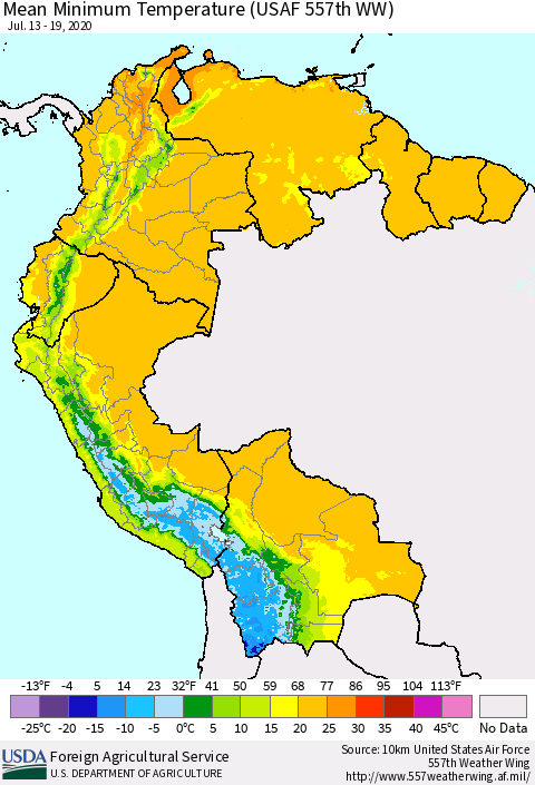 Northern South America Minimum Temperature (USAF 557th WW) Thematic Map For 7/13/2020 - 7/19/2020