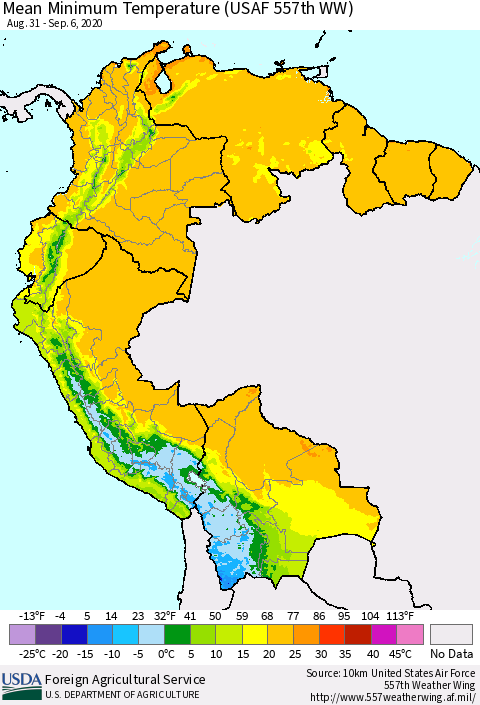 Northern South America Minimum Temperature (USAF 557th WW) Thematic Map For 8/31/2020 - 9/6/2020