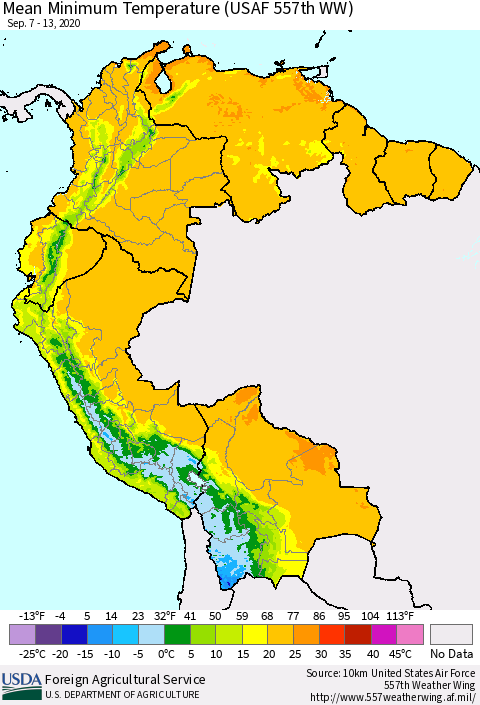Northern South America Minimum Temperature (USAF 557th WW) Thematic Map For 9/7/2020 - 9/13/2020
