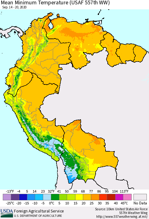 Northern South America Mean Minimum Temperature (USAF 557th WW) Thematic Map For 9/14/2020 - 9/20/2020