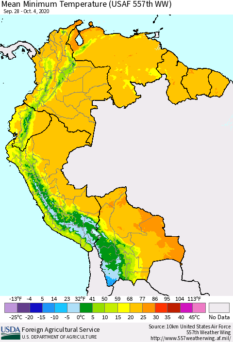 Northern South America Minimum Temperature (USAF 557th WW) Thematic Map For 9/28/2020 - 10/4/2020