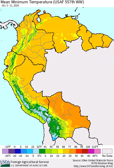 Northern South America Minimum Temperature (USAF 557th WW) Thematic Map For 10/5/2020 - 10/11/2020