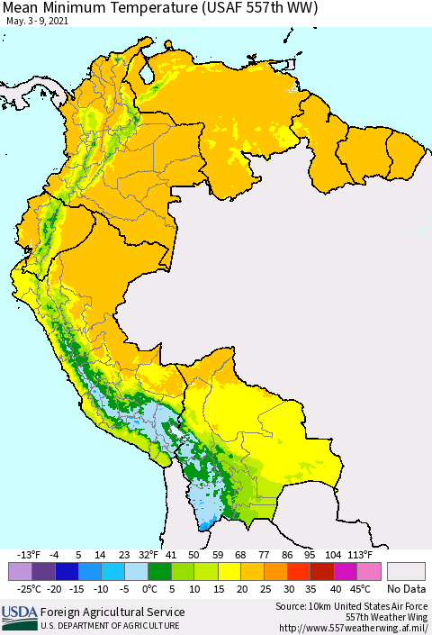 Northern South America Mean Minimum Temperature (USAF 557th WW) Thematic Map For 5/3/2021 - 5/9/2021
