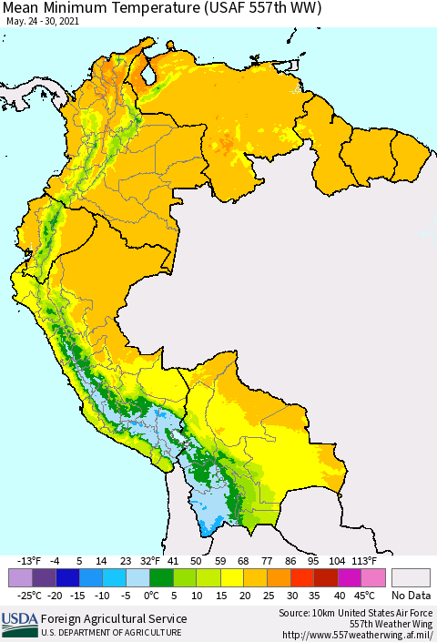 Northern South America Mean Minimum Temperature (USAF 557th WW) Thematic Map For 5/24/2021 - 5/30/2021