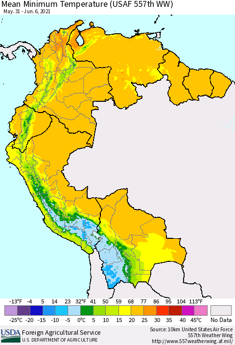 Northern South America Mean Minimum Temperature (USAF 557th WW) Thematic Map For 5/31/2021 - 6/6/2021